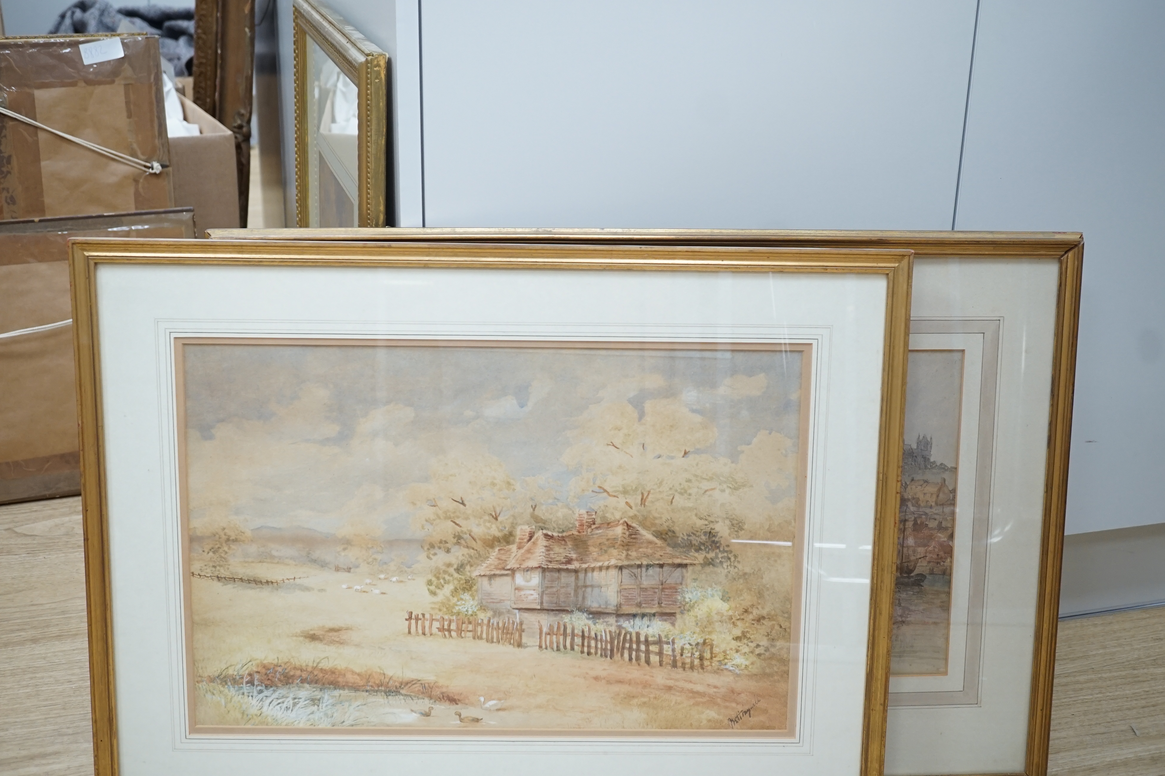 DB, watercolour, View of Whitby harbour, monogrammed, 30 x 53cm, and a watercolour, View of York Minster, initialled JSS and dated 1882, 304 x 27cm and a watercolour pastoral scene